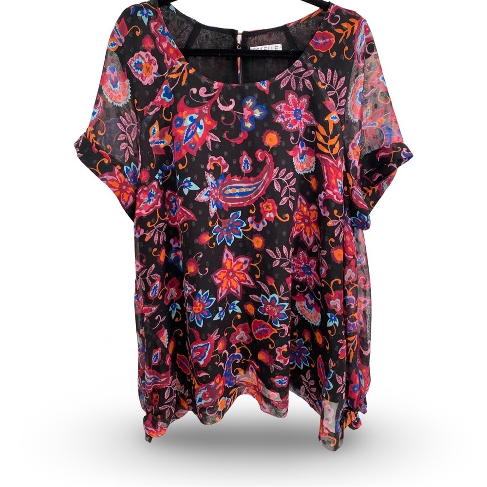 Estelle Floral Paisley Shirt Bitty Dot Metallic Asymmetrical Hem Top Size 2X - Picture 9 of 9